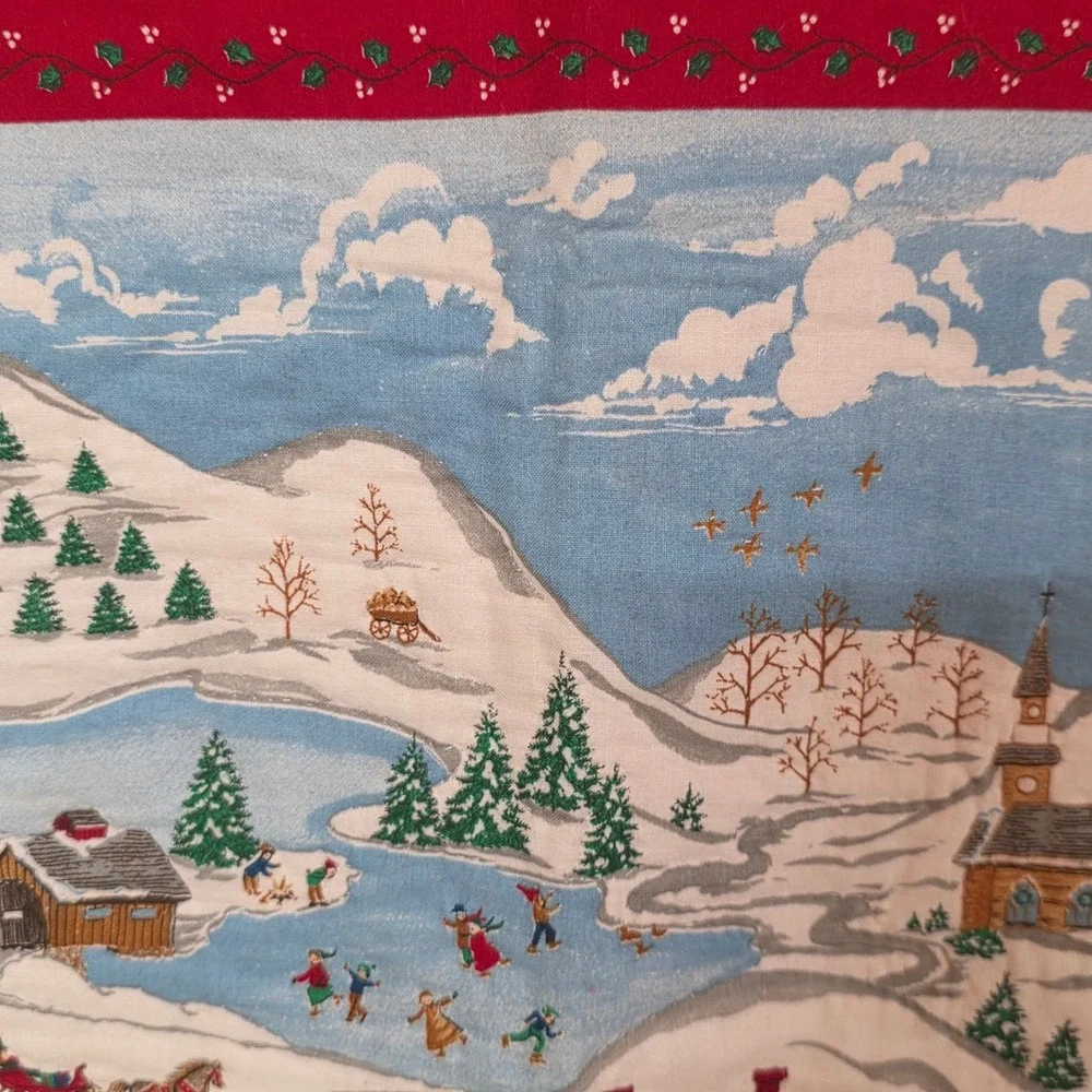 Vintage Christmas Winter Village Scenic Red Border Wall Hanging Ribbon Loops